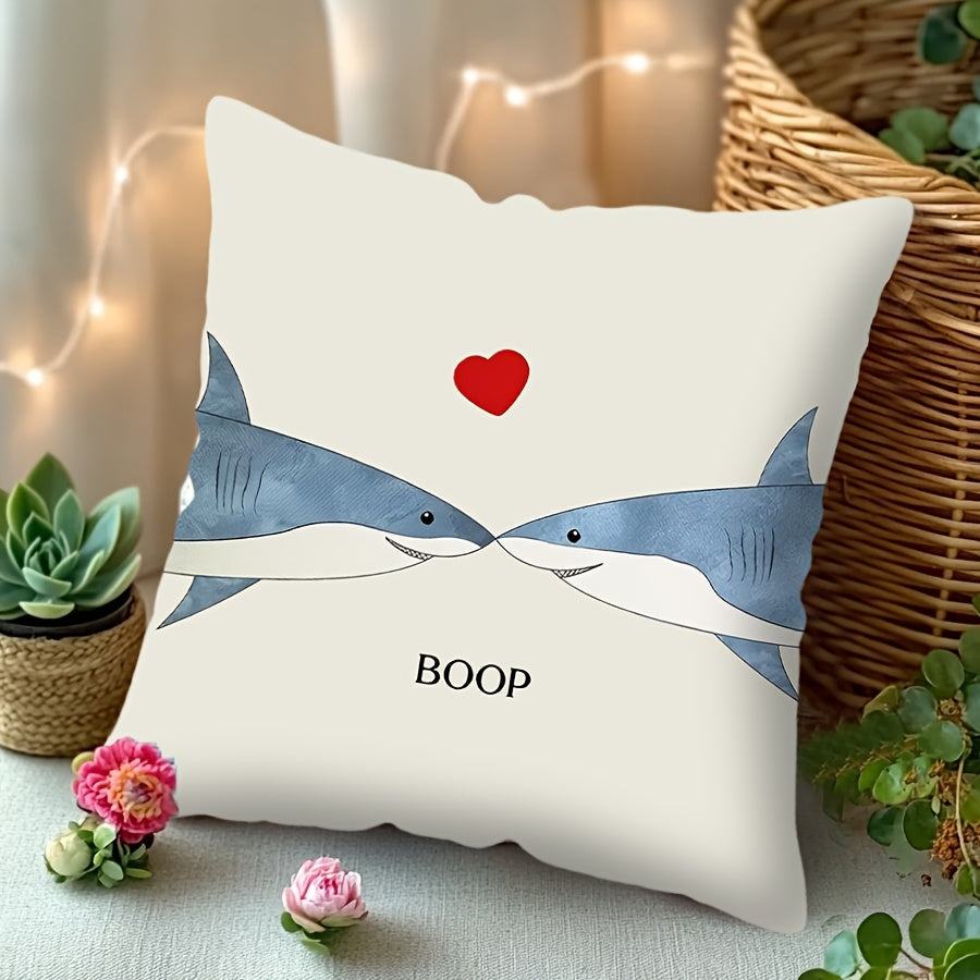 Coastal Style Shark Boop Throw Pillow Cover, Cute Ocean Themed Decorative Cushion Case, Funny & Romantic Home Sofa Decor, Perfect for Birthdays and Valentine's Day, Size: 44.96cm x 44.96cm - Insert not included