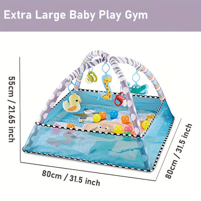 Large Activity Center with 5 interactive sensory dolls, 20 ocean balls, and a durable washable play mat for tummy time activities.