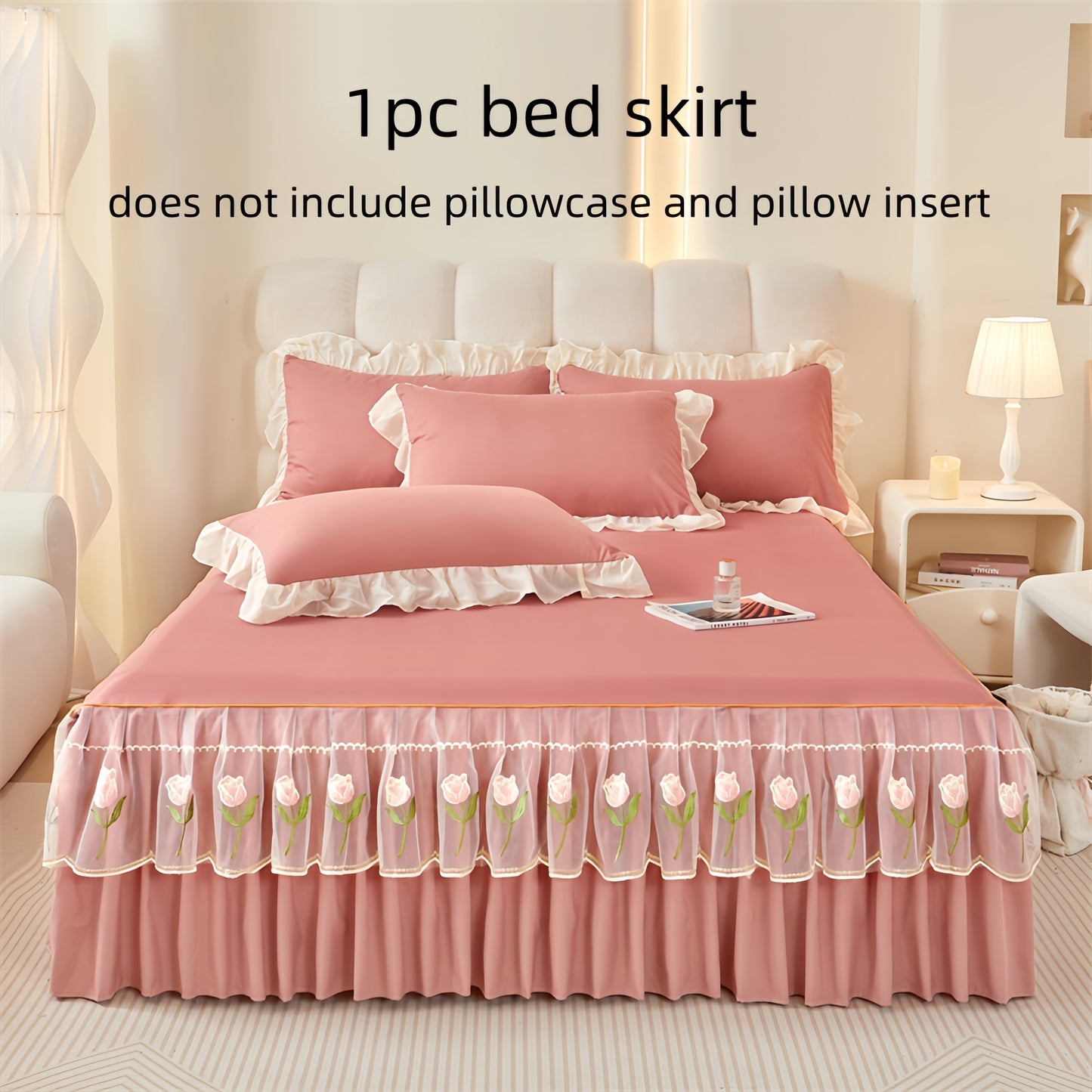 Luxury bed skirt with lace trim and rose embroidery, machine washable, soft fabric, non-slip ribbon fixation, suitable for various rooms. Made of 100% polyester.