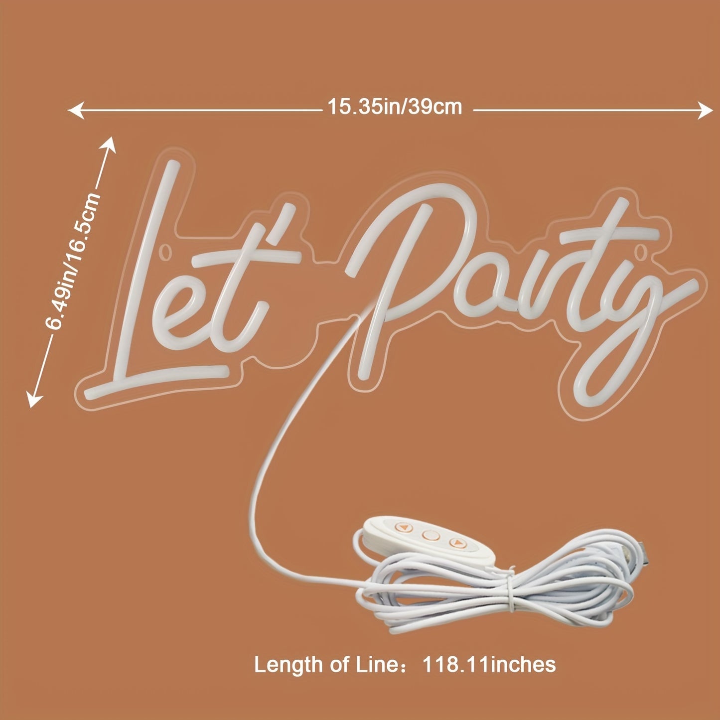 Neon 'Let's Party' sign ideal for festive wall decor in homes, offices, weddings, and holiday parties, powered by USB.