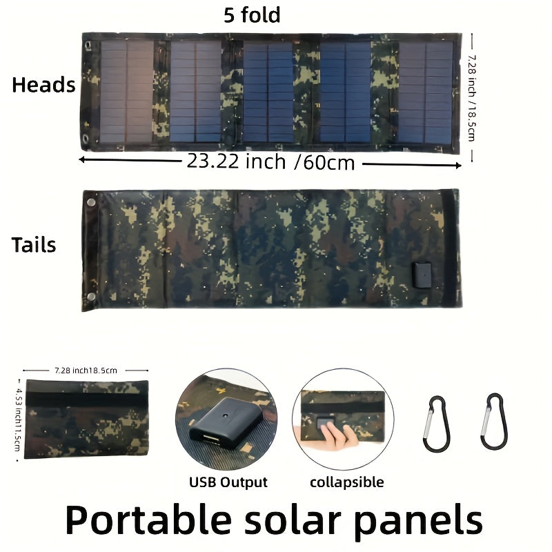 Durable 35W Portable Solar Charger Panel with USB Output - Ideal for Travel & Camping, Foldable, Solar-Powered without Battery, Non-Removable Photovoltaic Panel with Carabiner & Cable.