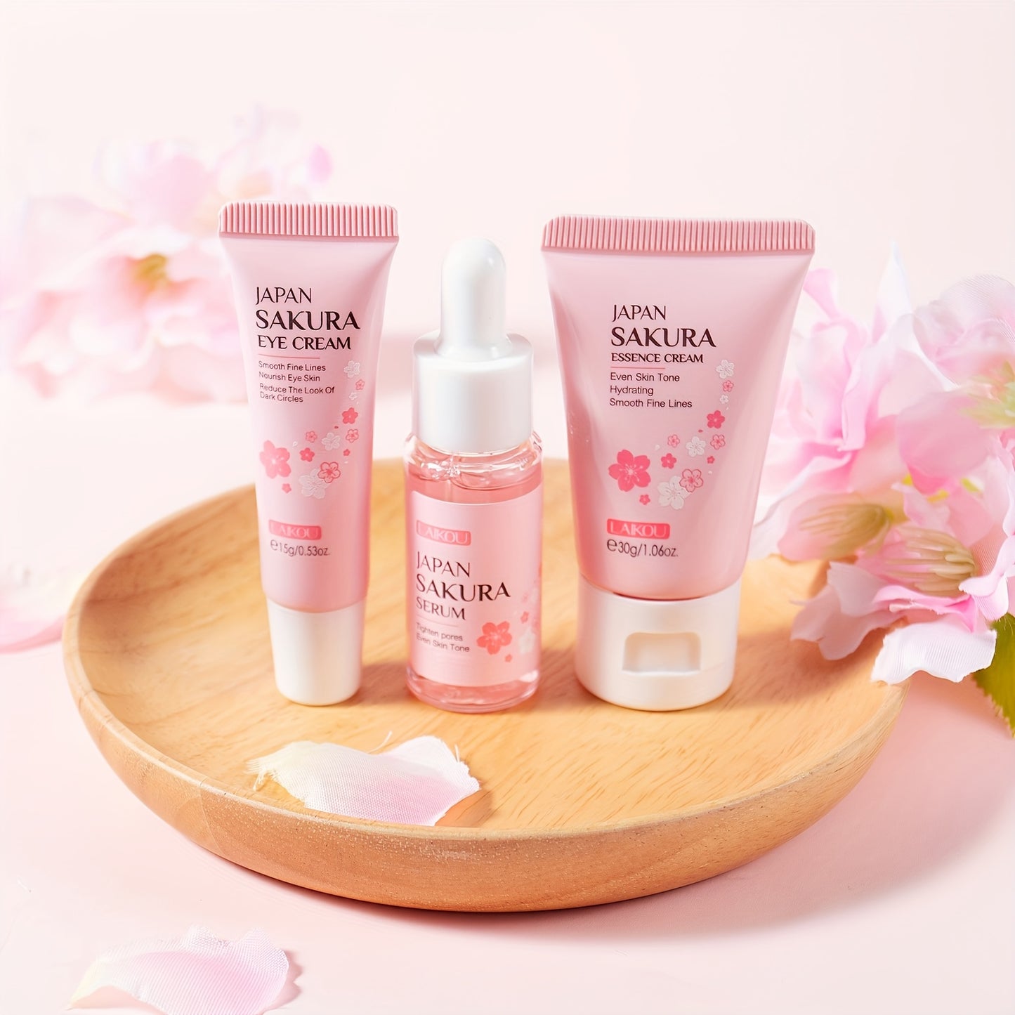 LAIKOU Japanese Cherry Blossom Skin Care Set includes Serum, Liquid Eye Cream, and Face Cream. Perfect as a skincare gift set.