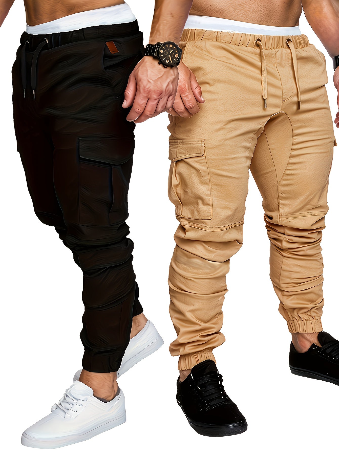 2-piece men's cargo pants set in solid color cotton with drawstring waist, regular fit, all-season wear.