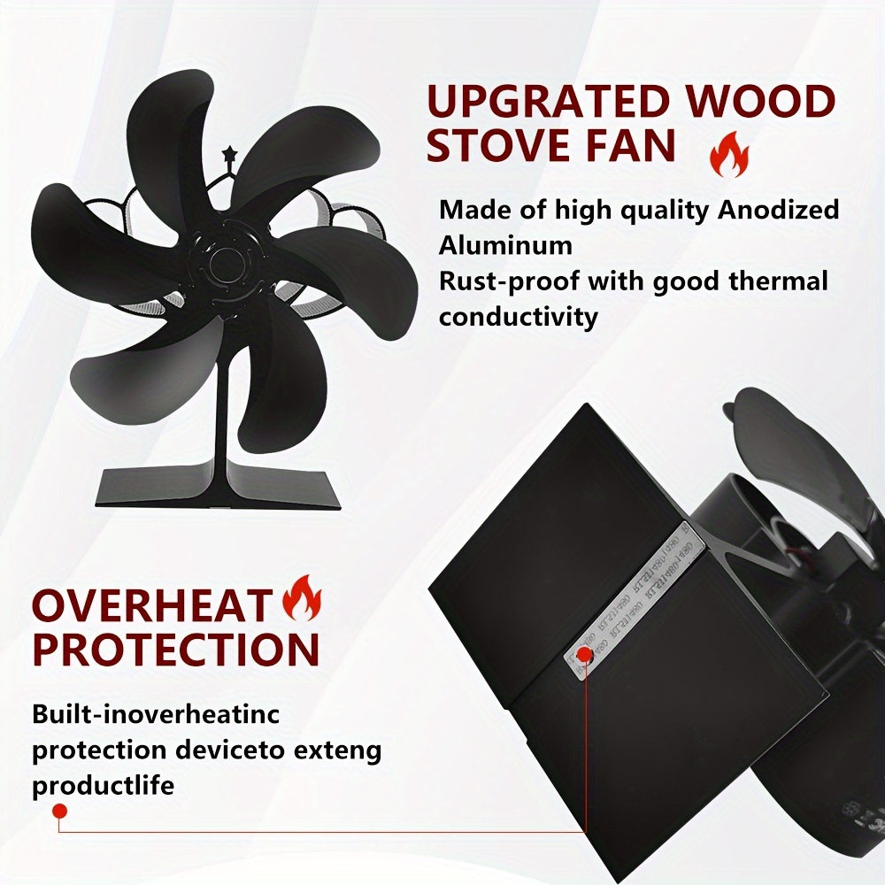 Durable 6-Blade Aluminum Stove Fan with Sleek Black Design - Quiet and Energy-Efficient Wood Stove Accessory for Enhanced Air Circulation, Adjustable Stand Included - Ideal for Home Heating and Stove Top Protection.