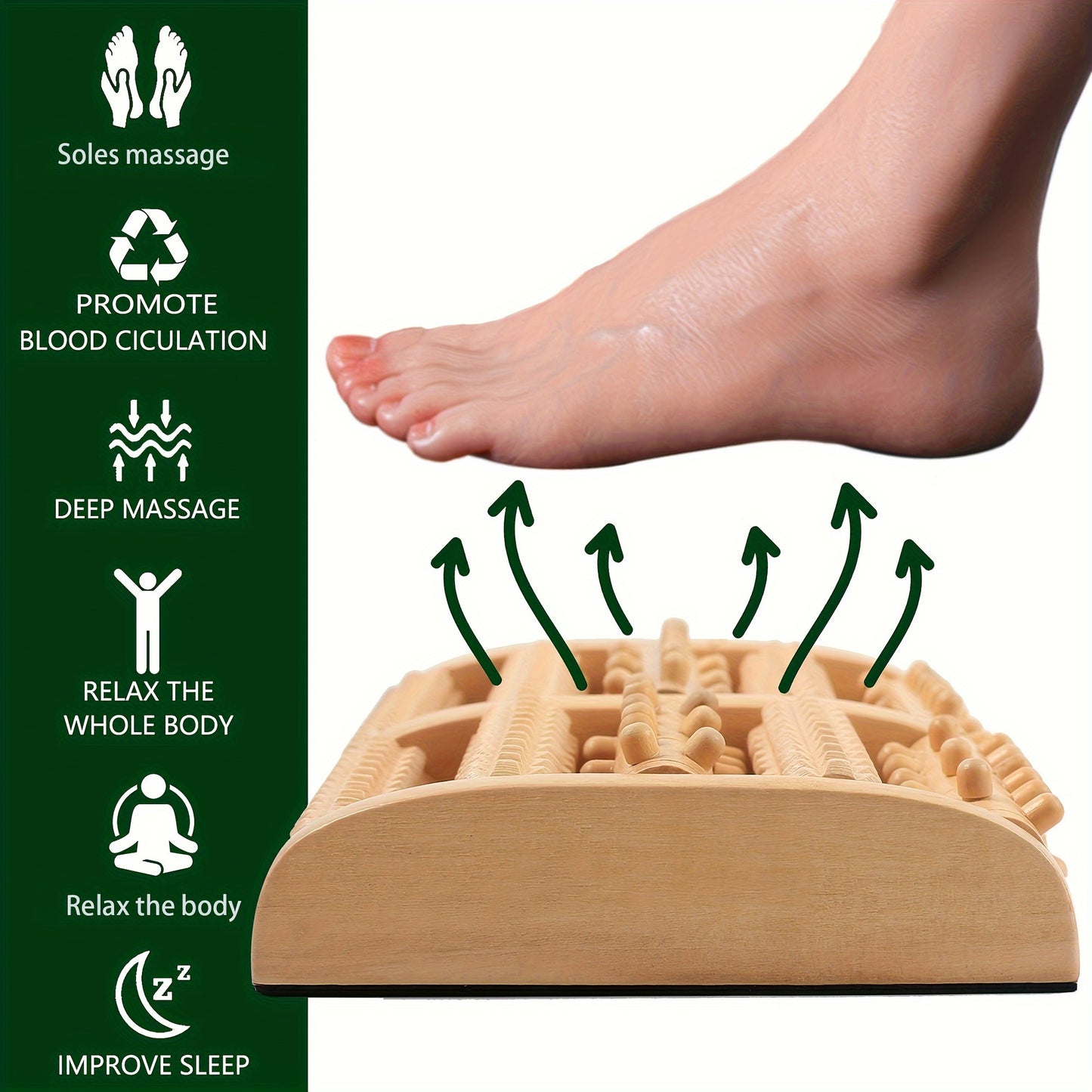 Wooden foot massager roller for pain relief and fatigue reduction.