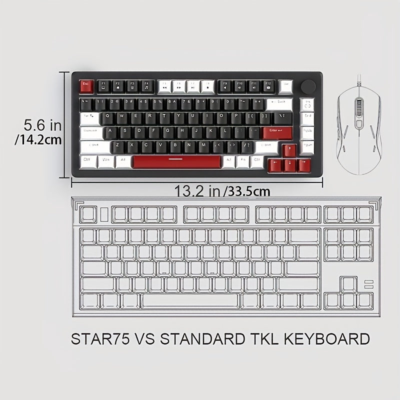 Compact 75% mechanical gaming keyboard with ice blue backlight, yellow switches, ergonomic EVA foam design, knob control, NKRO PC gaming, red & white keycaps, 16 DIY options.