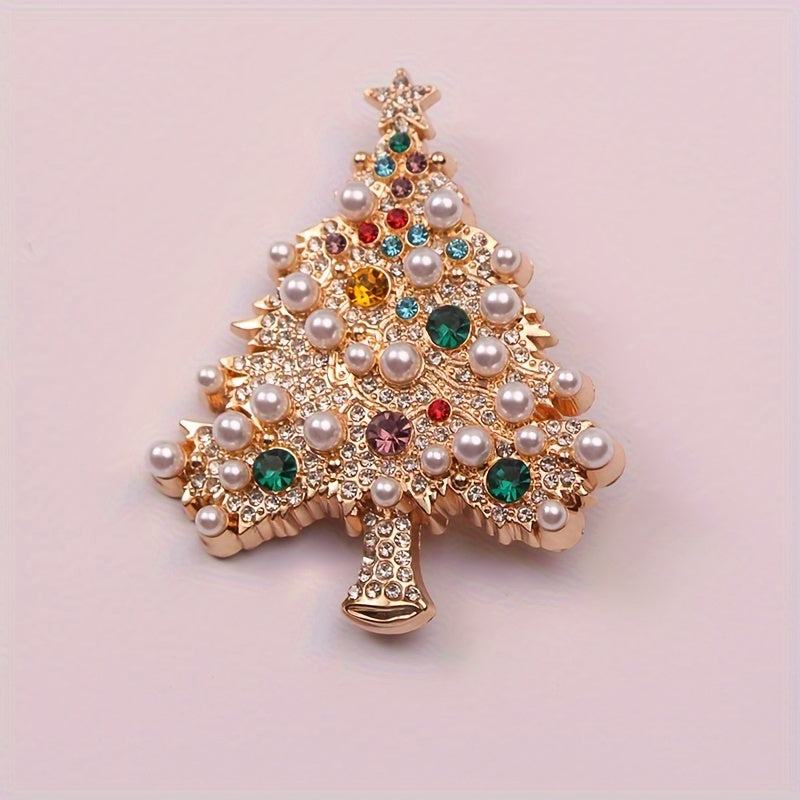 Elegant French designer Christmas tree brooch with luxurious rhinestones, perfect as a women's fashion accessory and novelty pin. This exquisite jewelry piece is ideal for adding a touch of glamour to clothing and makes for a wonderful gift option.