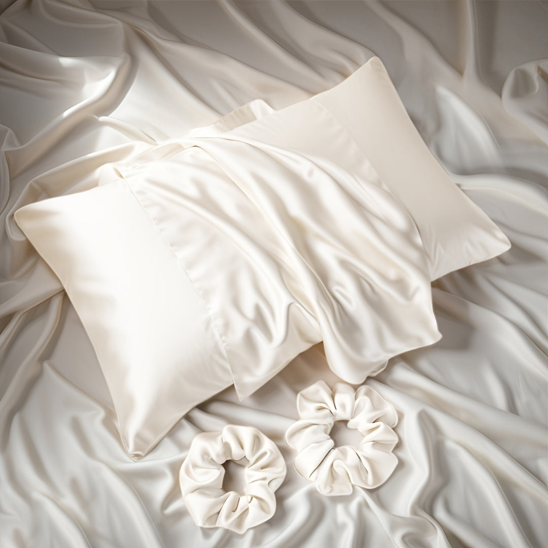 The luxurious satin material 3-piece set includes 1 pillowcase (pillow core not included) and 2 headbands. This modern and simple design is perfect for use in the bedroom, bathroom, or hotel.