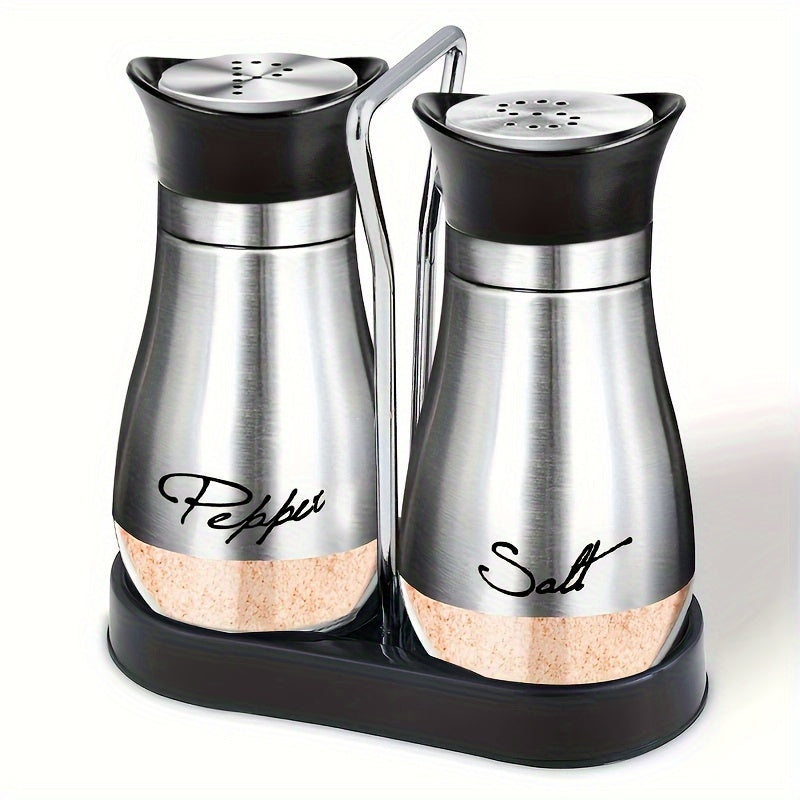 Glass Bottom Salt and Pepper Shaker Set with Stainless Steel Lid - Kitchen Gadgets Cooking Table Accessories with Holder and Glass Bottle - Perfect for Dining Table, RV, Camping, Barbecue - Set of 2