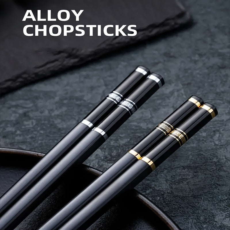 5 pairs of reusable alloy chopsticks with embossed Great Wall pattern, perfect for fast food, noodles, sushi, and ramen. Luxurious and stylish.