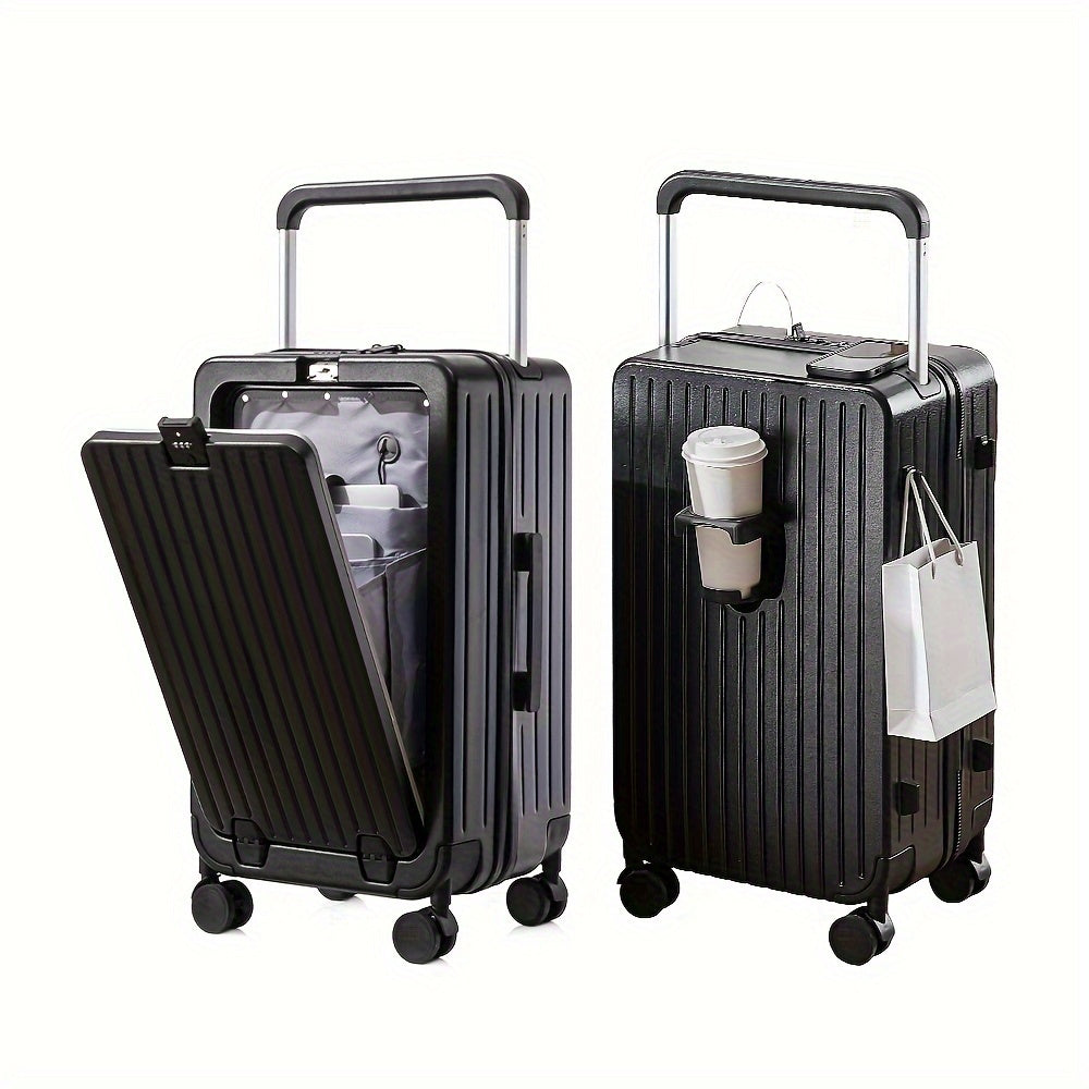 1pc Suitcase with front opening storage compartment, dry and wet separation compartment, unique wheel design, and travel password boarding feature.