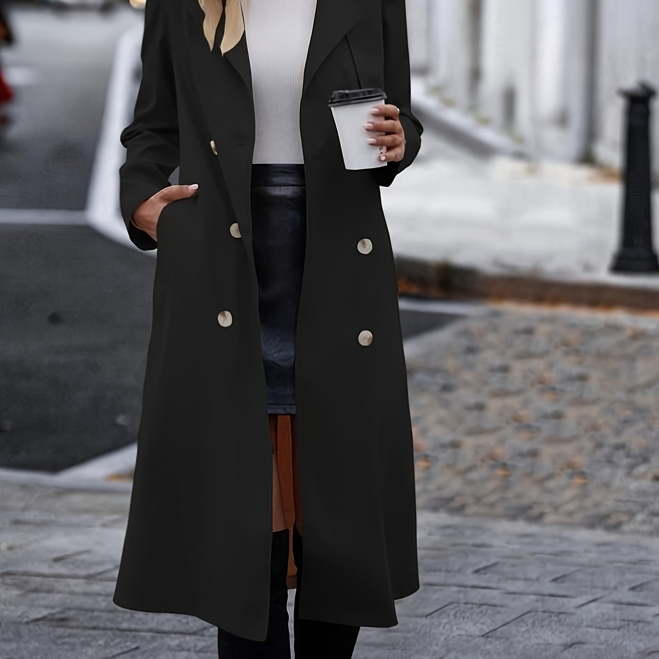 Long sleeve belted trench coat with double buttons, solid color lapel collar and pockets. Perfect for fall; women's clothing