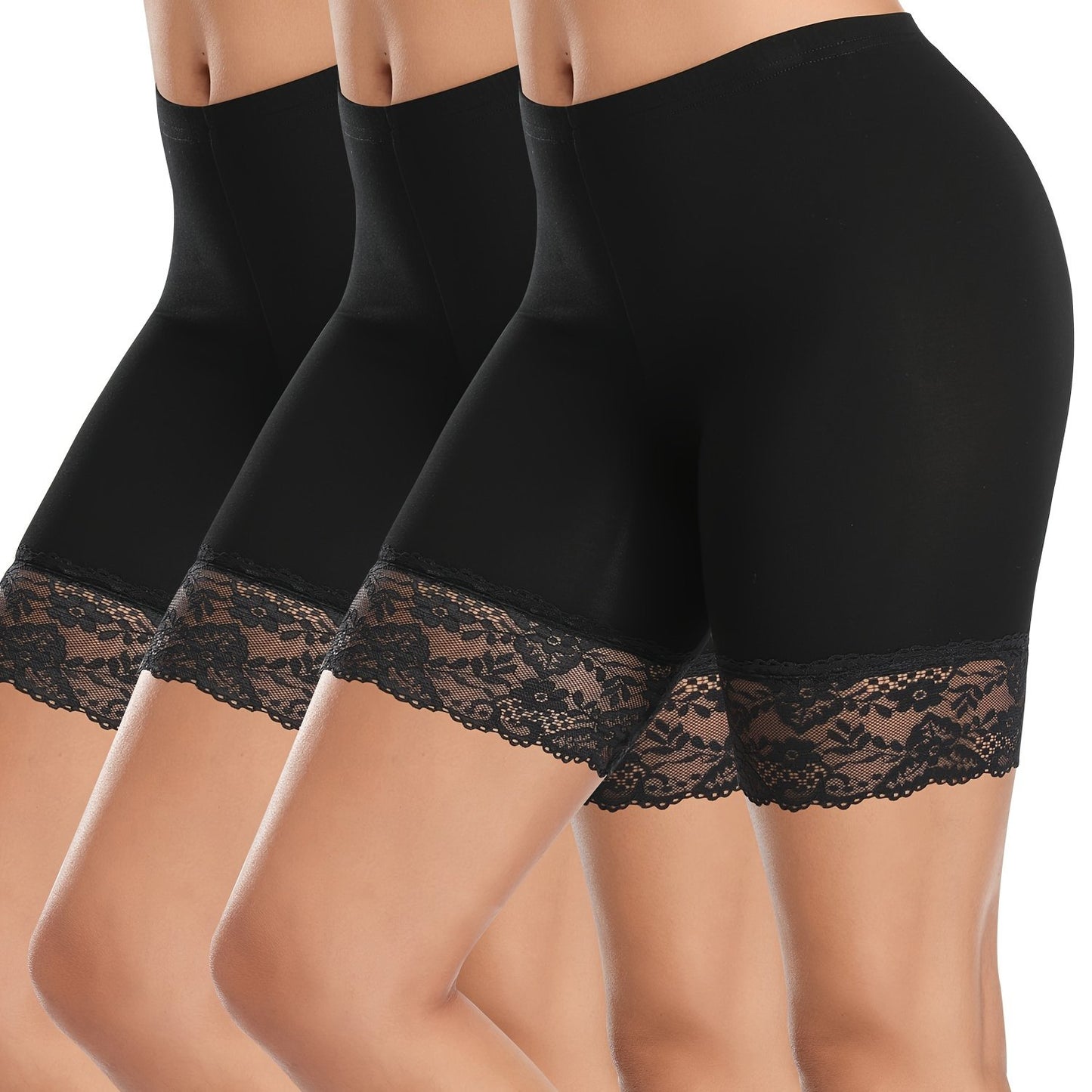 Pack of 3 high-waisted shorts with lace panels, solid color, made of rayon/viscose blend knit fabric, featuring slimming legging style with lace detail.