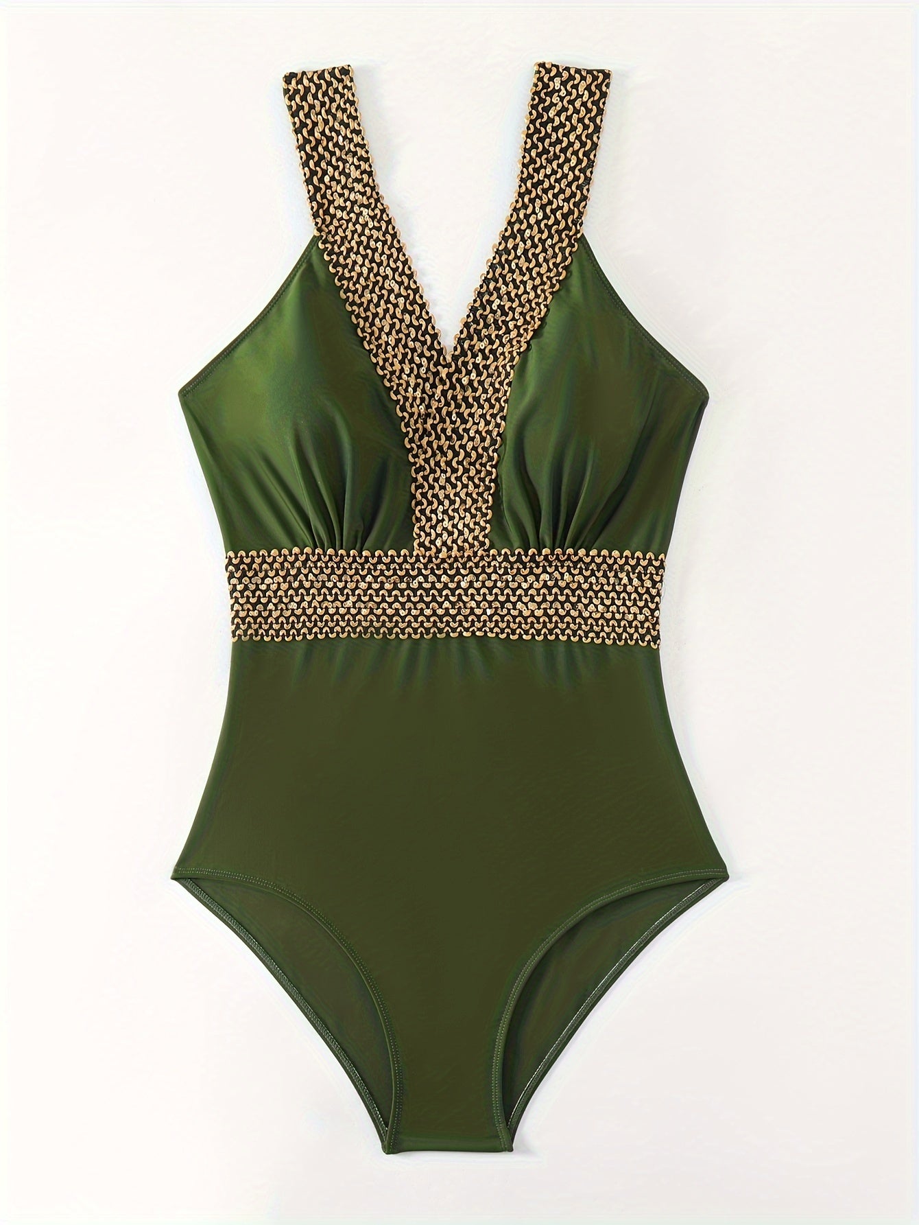 Compare Golden Band One-piece Swimsuit with V Neck Back Buckles Backless Bathing Suits for Women.