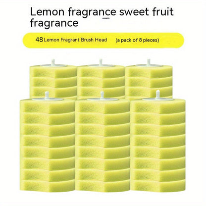 1 set of disposable toilet brush with 8 brush heads for cleaning bathrooms and toilets. Additional brush heads can be bought separately.