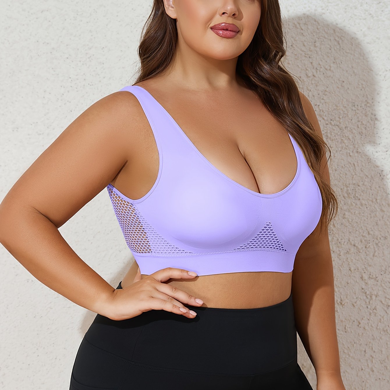 Simple Plus Size Bra with Solid Hollow Out Design and Wide Shockproof Straps