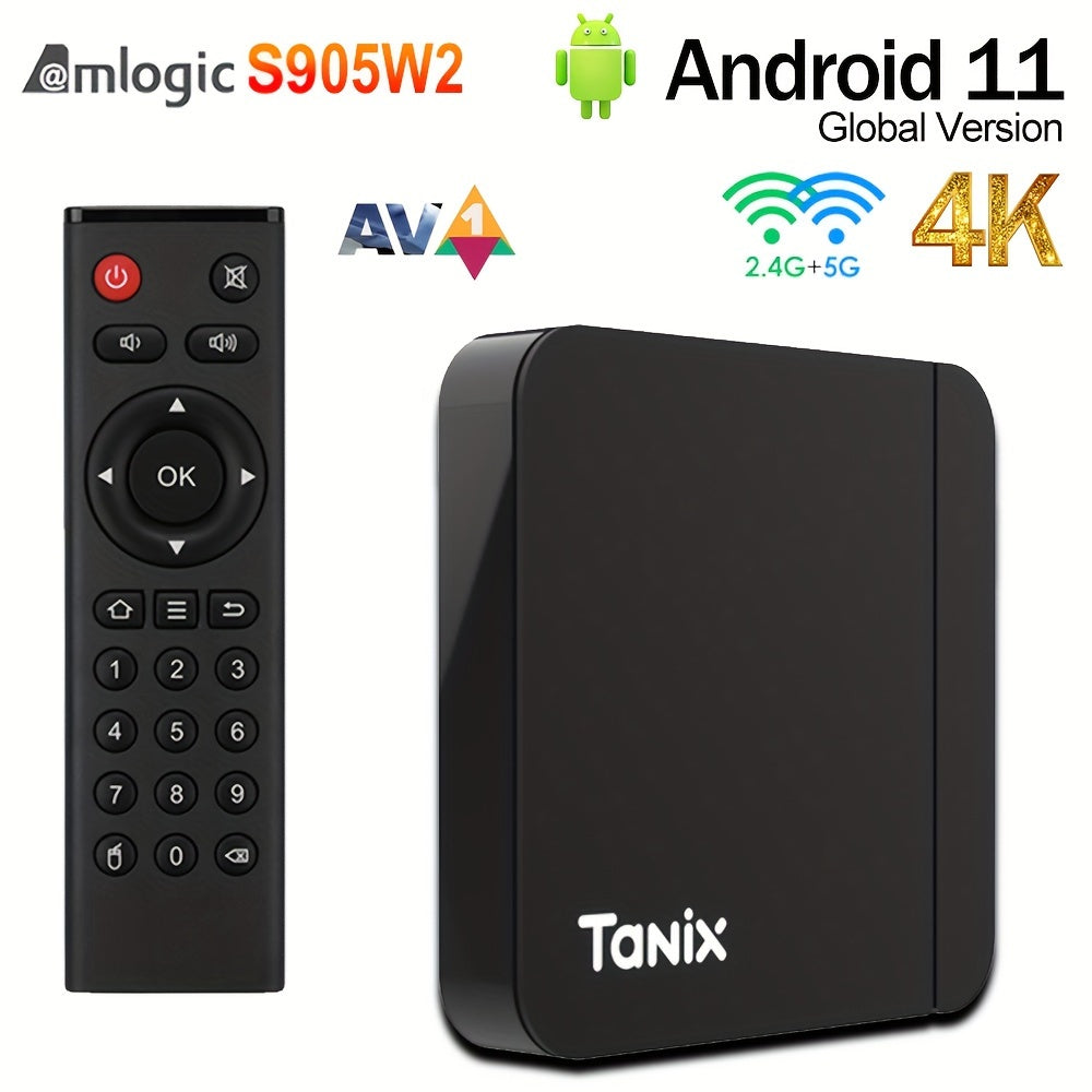 Tanix W2 Smart TV Box with Amlogic S905W2 and Android 11.0, available in different memory configurations for 4K video playback with Bluetooth and dual-band WiFi.