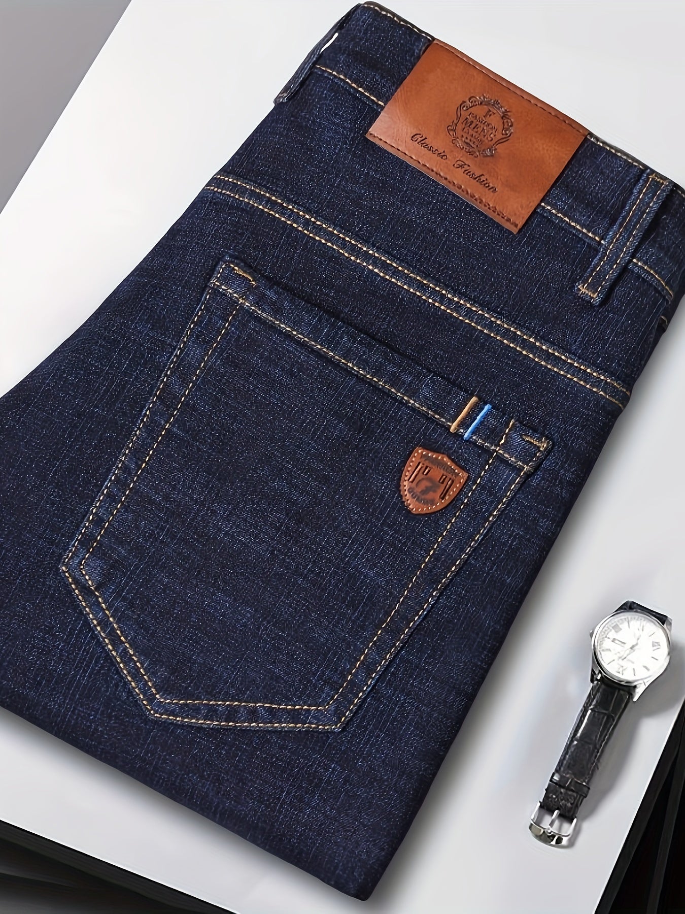 Black denim jeans with patch & embroidery, stretchy and slim-fit for all occasions.