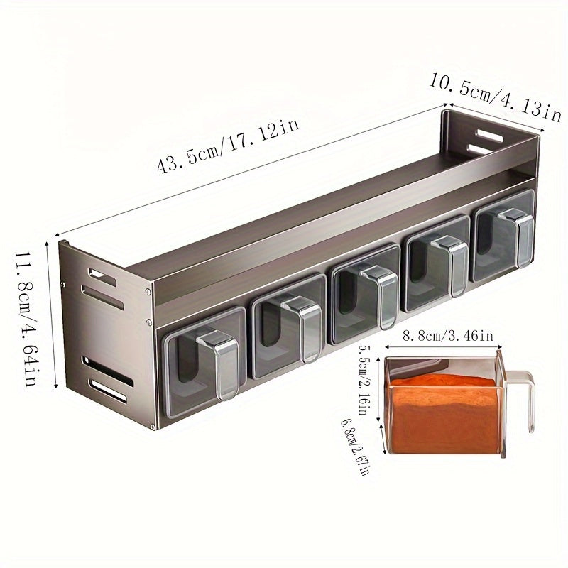 Organize your spices with ease using the Wall Mount Spice Rack Organizer. This hard anodized aluminum hanging shelf includes 5 clear jars for convenient storage. The multipurpose seasoning box holder features comfortable pull handles for added