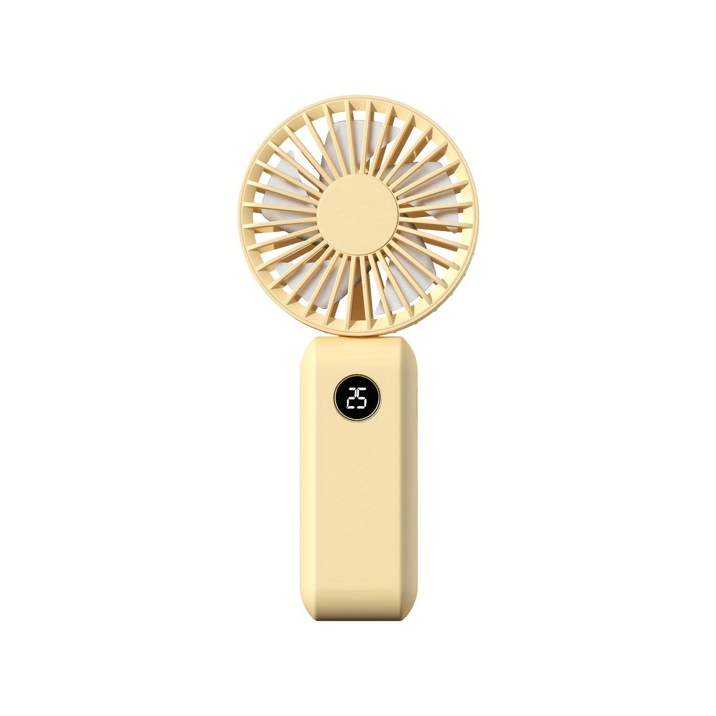 Get yourself the perfect portable mini fan! This fan comes with a digital display, USB rechargeable feature, quiet operation, foldable handle, and can be used on a desk or handheld. Made of durable ABS material in a sleek white design, this fan measures