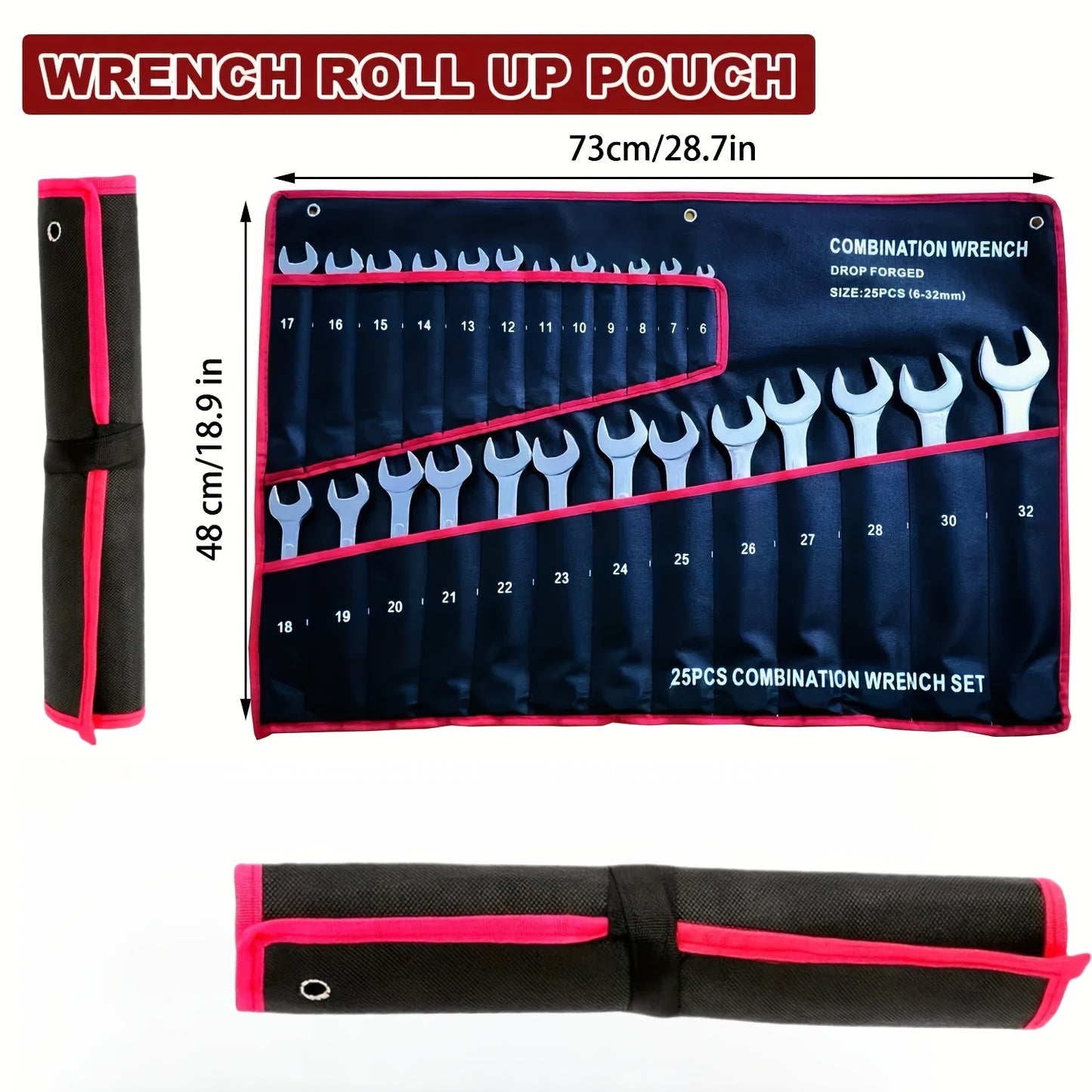 Durable tool roll pack with 25 pockets for wrenches, ratchets, and pliers. Features heavy-duty suspension design, safety strap closure, and convenient handle. Ideal for craftsmen.