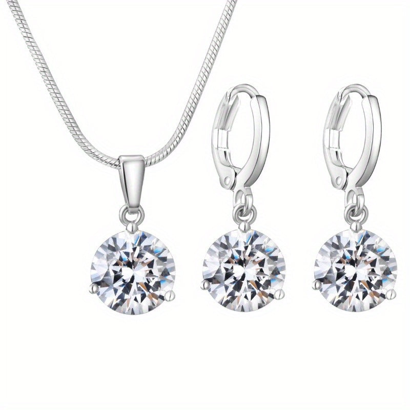 Crystal Zirconia pendant necklace & earrings set in white alloy with rhinestone accents, ideal for weddings and engagements, round shape, suitable for girls.