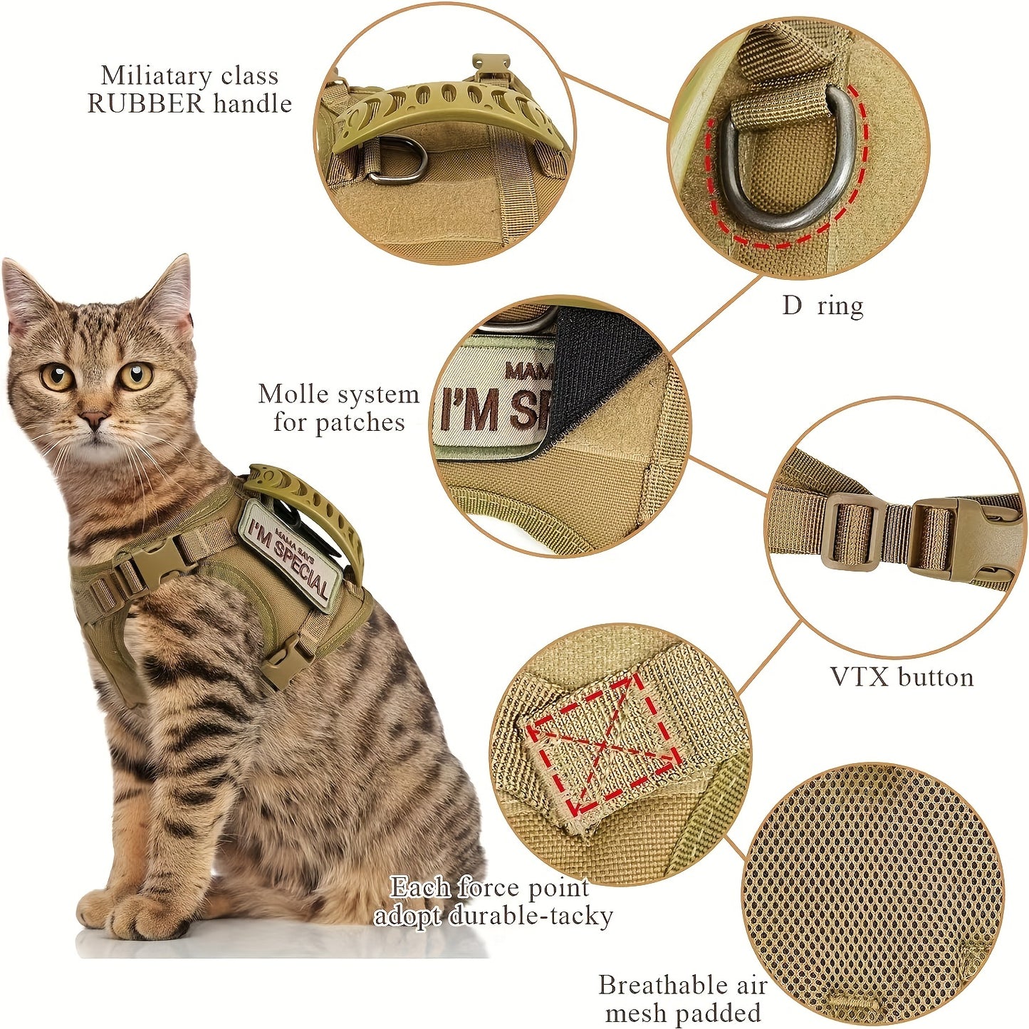 Cat harness set for walking with adjustable chest vest.