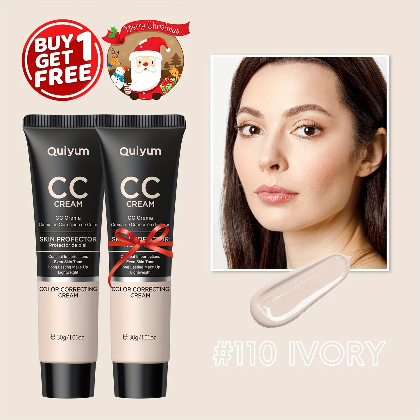 Quiyum CC Cream Buy 1 Get 1 Free, Waterproof Concealer Foundation, Glycerin-Enriched, Long-Lasting Coverage, Ideal Birthday Party Gift