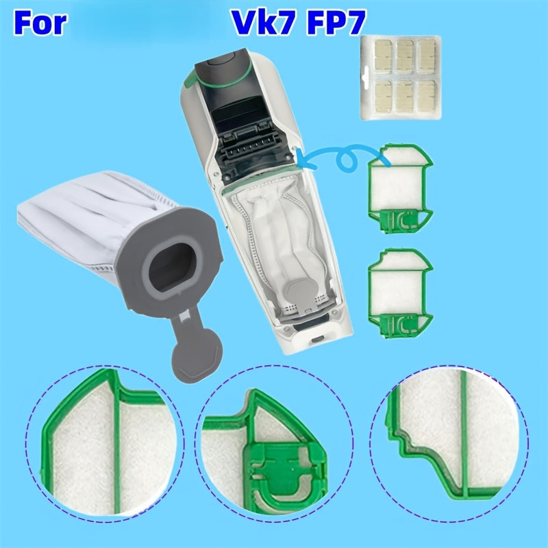 6-piece replacement bag set designed for use with the Wireless Vacuum Cleaner models Vorwerk Kobold VK7 and FP7. Before making a purchase, please verify that your model is compatible with the product components, which include 4 dust bags, 1 filter, and 1