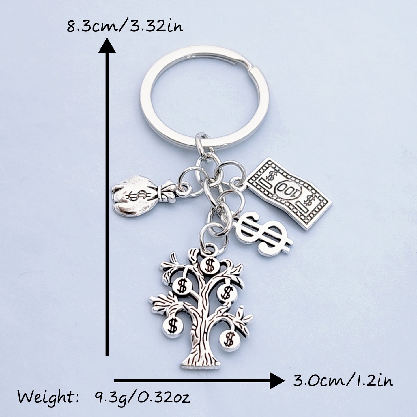 1 Fashion keychain with money tree, money bag, wallet, USD logo pendant, keychain, bag, and jewelry.