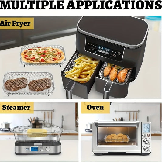 Get two pieces of 304 Stainless Steel Air Fryer Accessories that includes a multipurpose rectangular rack and stackable microwave stand. This food contact safe kitchen tool is compatible with most air fryers, making cooking easy and convenient.