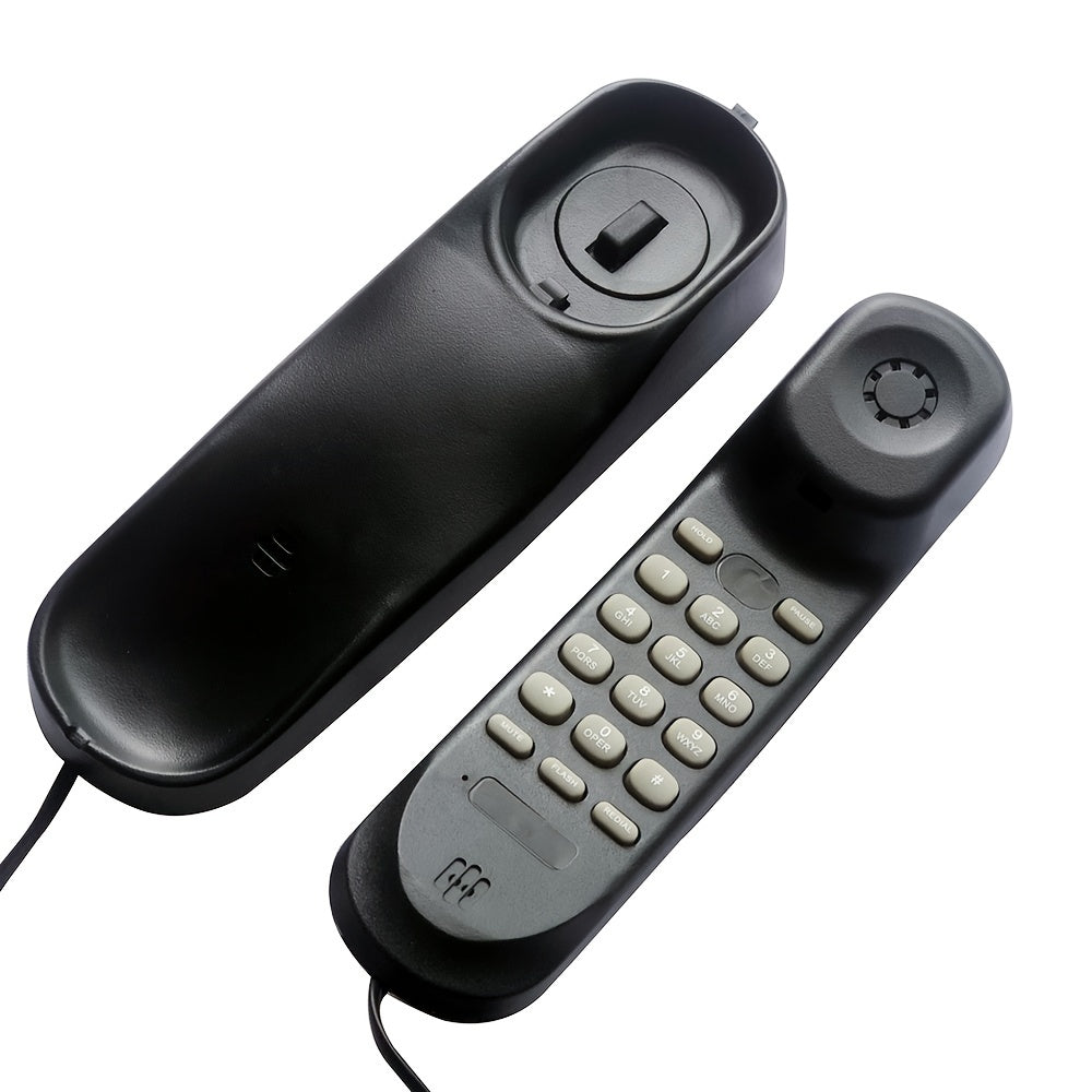 Black corded phone for seniors can be mounted on desk or wall.