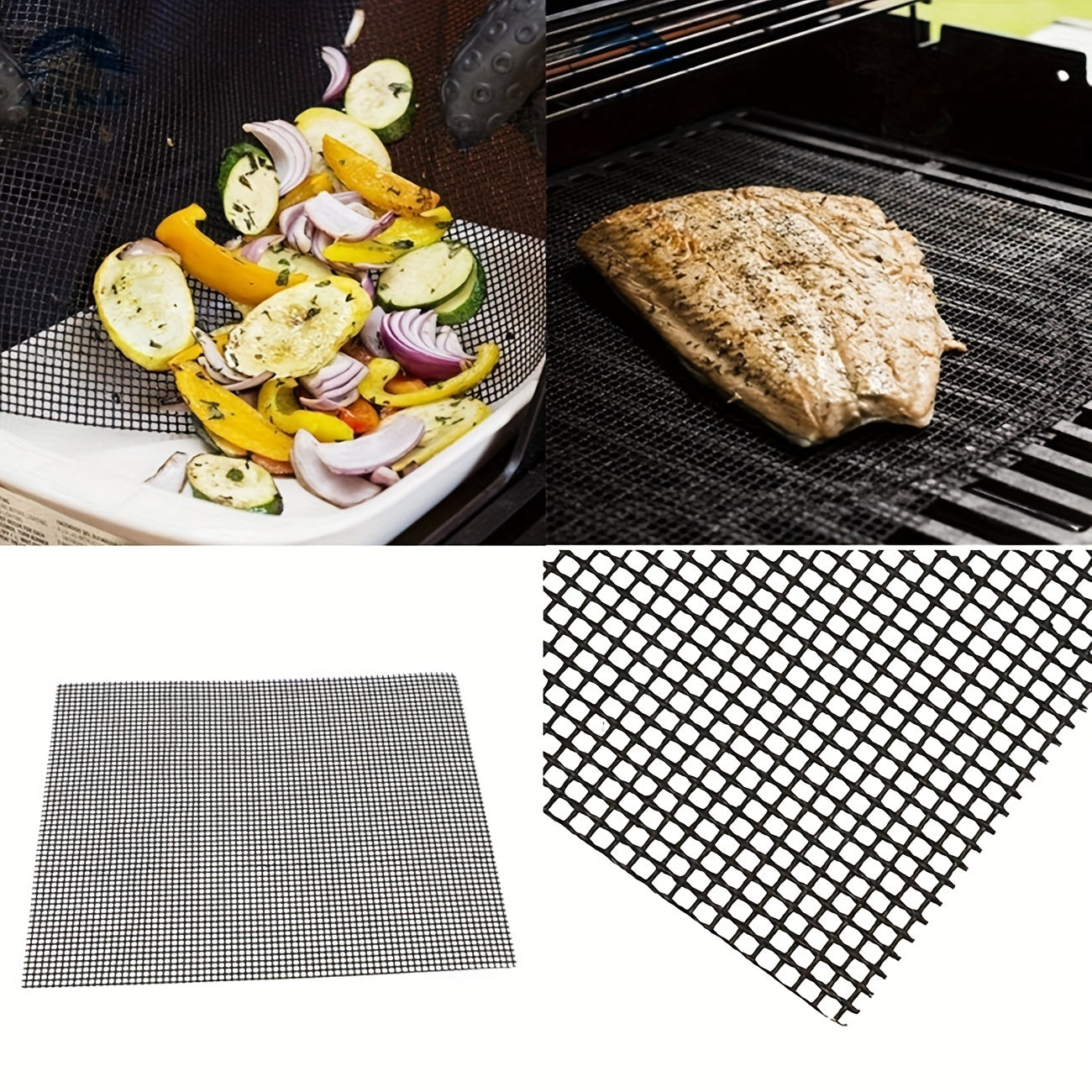 5 pieces of BBQ grill grid mats consisting of 3 black mats and 2 brown mats. These outdoor BBQ grilling mats are made of Teflon non-stick material that is high temperature resistant. They can be used for grilling fish, shrimp, and meat without sticking.