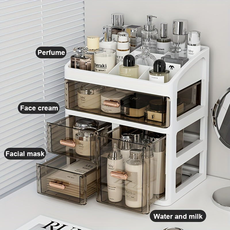 Sleek plastic cosmetic organizer with drawers for women. Large capacity and dustproof, perfect for storing makeup and skincare products. No assembly required, ideal for perfume, creams, and