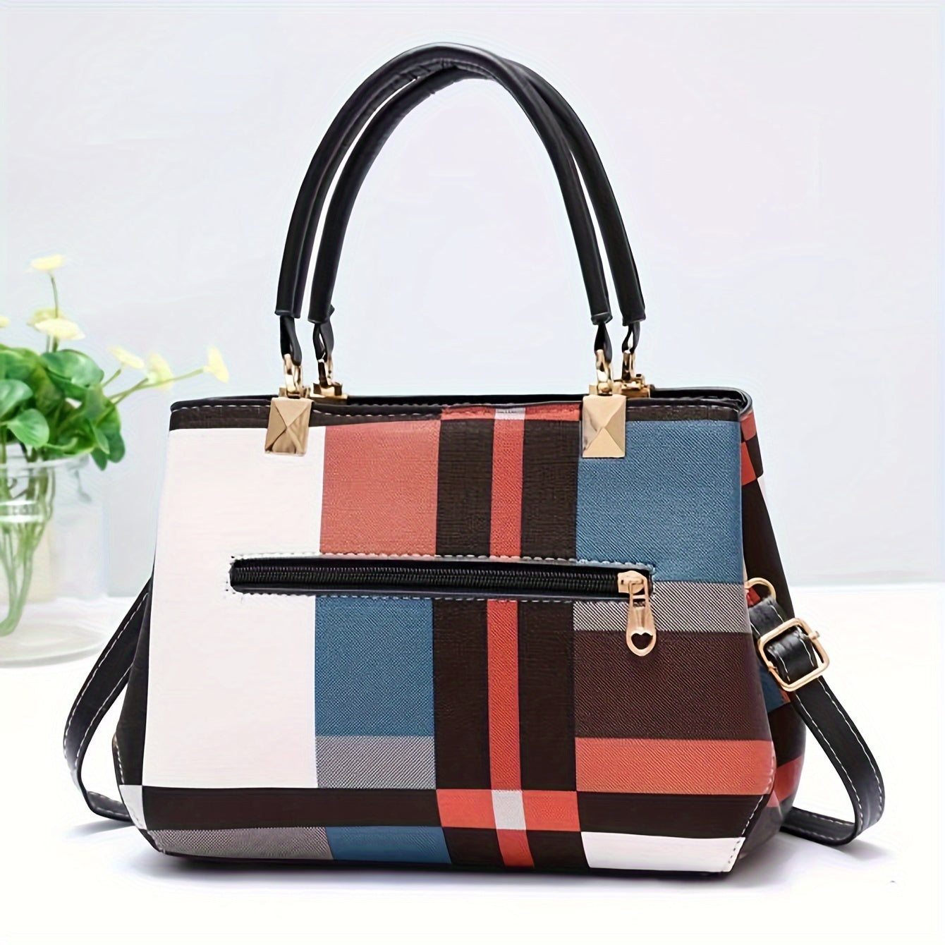 Stylish grid patterned shoulder bag with magnetic closure, ideal for formal events, work, or school.