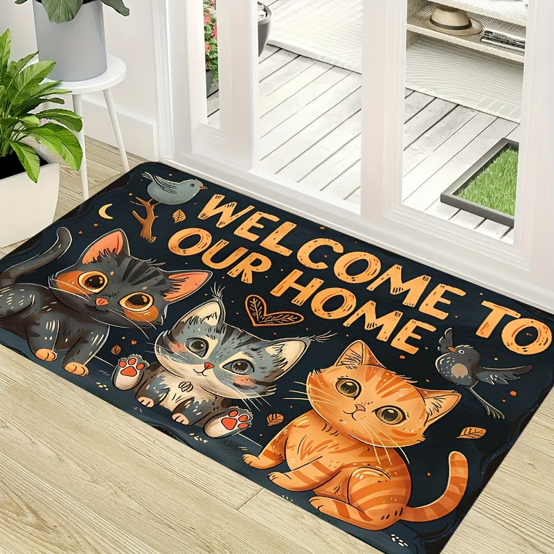 Add a Touch of Adorableness to Your Home with this Cute Cats "Welcome to Our Home" Doormat - Easy to Clean Machine Washable Polyester Non-Slip Rug Perfect for Any Room in Your House or Outdoor Area - Stylish and Functional Mat to Keep Your Space Clean