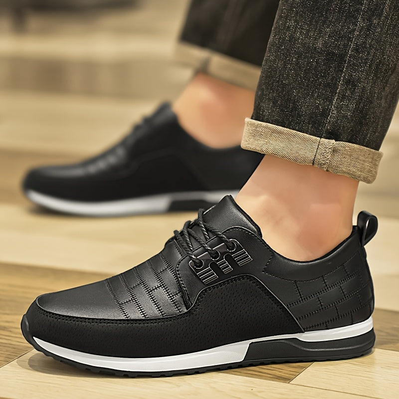 Men's casual business sneakers with a solid color faux upper, fabric lining, EVA insole, and PVC sole. Features a round toe, low-top design, and lace-up closure for daily and leisure wear.