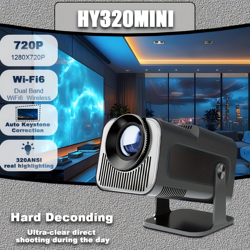 Compact Android 11 home projector with 720P resolution, Dual Band WiFi6, Wireless 5.0, 320ANSI brightness, Auto Keystone &180° rotation for portable cinema experience.