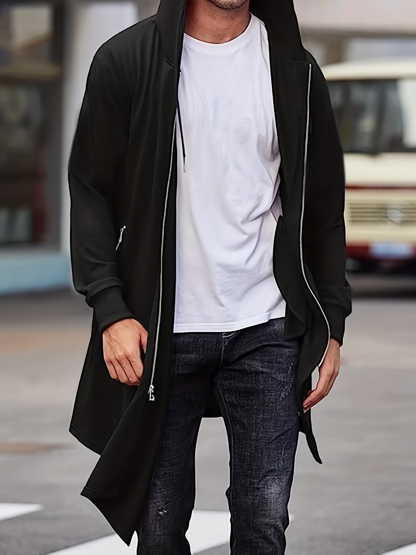 Fall/Winter Asymmetric Hooded Zip Jacket for Plus Size Men.