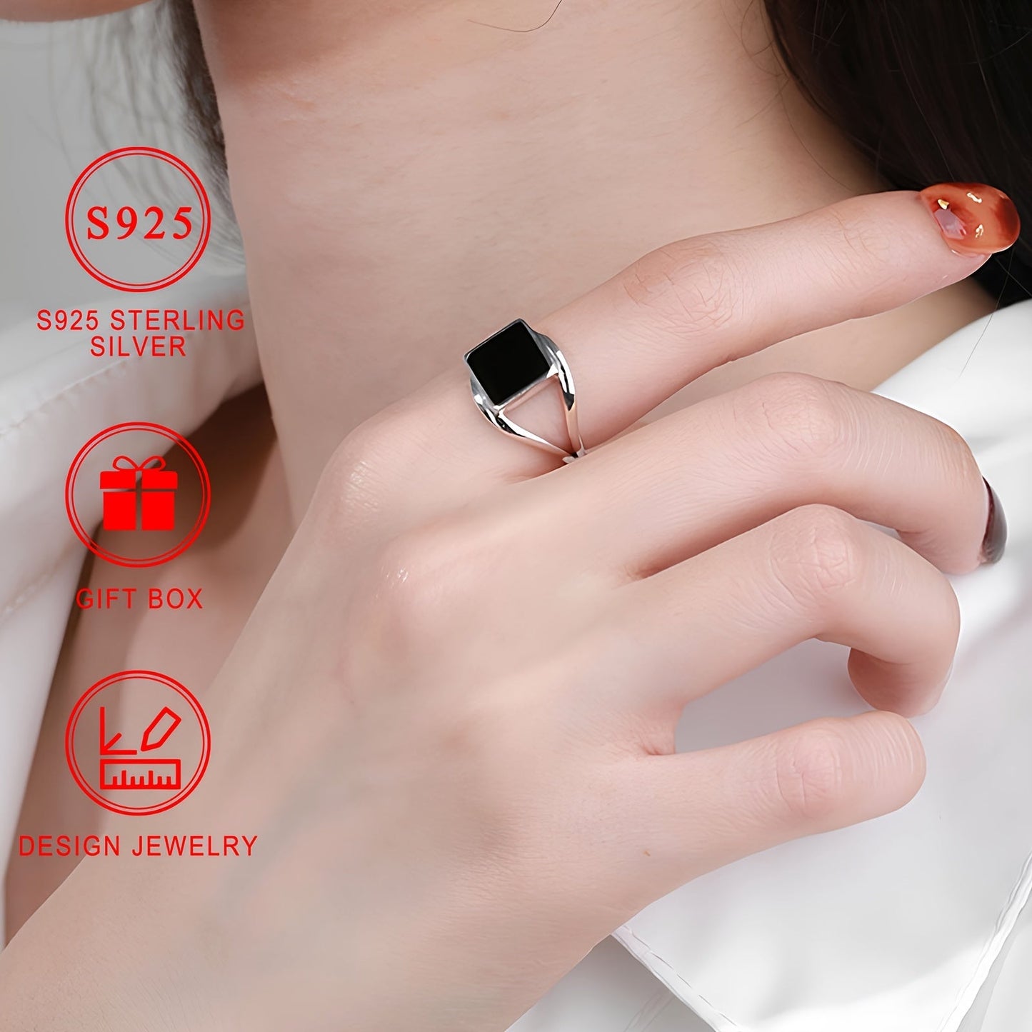 18K Gold Plated S925 Sterling Silver Ring, 2.8g, Featuring Black Square Design with Exquisite Oil Drop Craftsmanship, Comes in a High-Quality Jewelry Gift Box for Men and Women, Horse Shoe Motif, Electroplating Finish