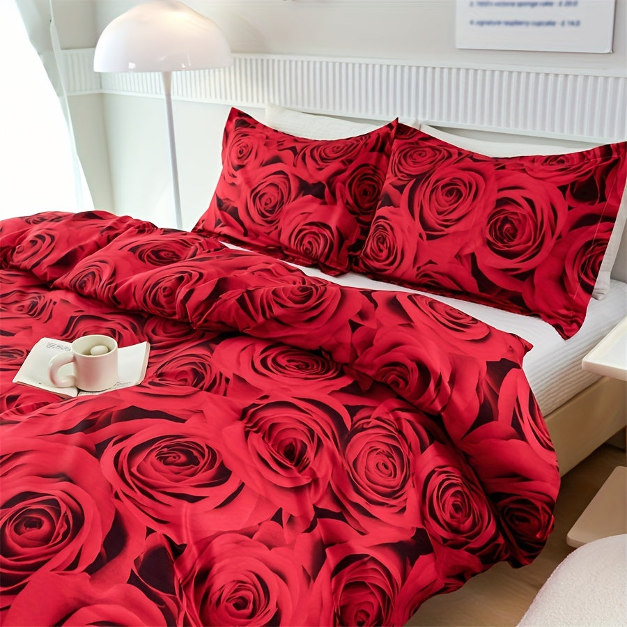 Set of 3 Duvet Covers, featuring a Romantic Red Rose Print, suitable for all seasons. This Soft, Comfortable and Breathable Bedding Set is perfect for the Bedroom or Guest Room. Includes 1 Duvet Cover and 2 Pillowcases, Core not included.