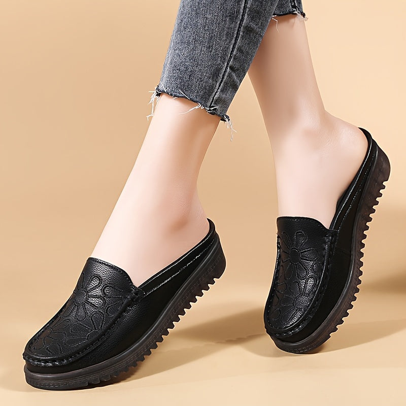 Lightweight slip-on mules for women, with flat heel and plain toe. Made from man-made materials, hand washable. Perfect for all-season comfort. European Special Edition.