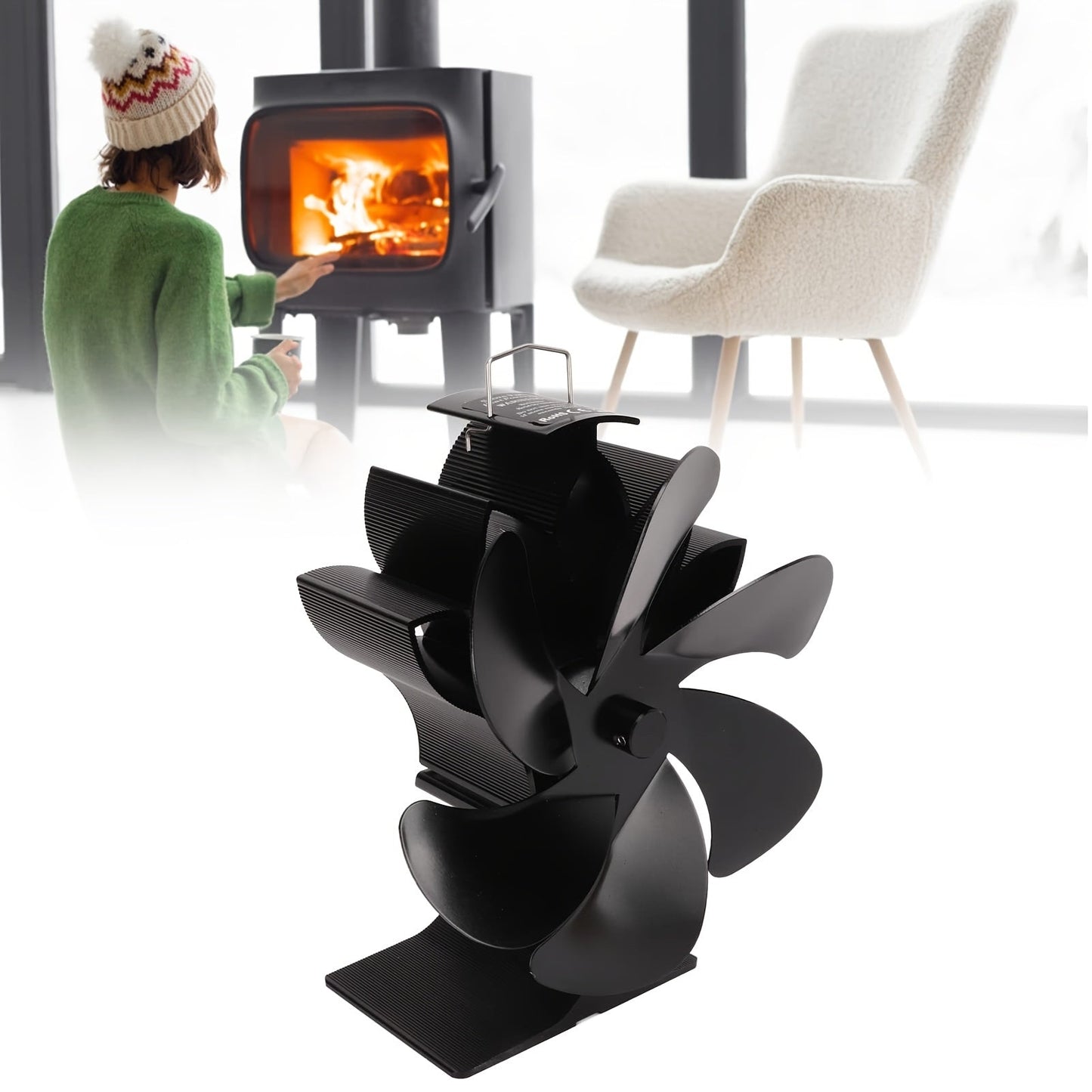 Eco-Friendly Stove Fan in Black with 6 Blades - High heat Resistant, Self-Starting, Heat-Powered for Home Fireplace