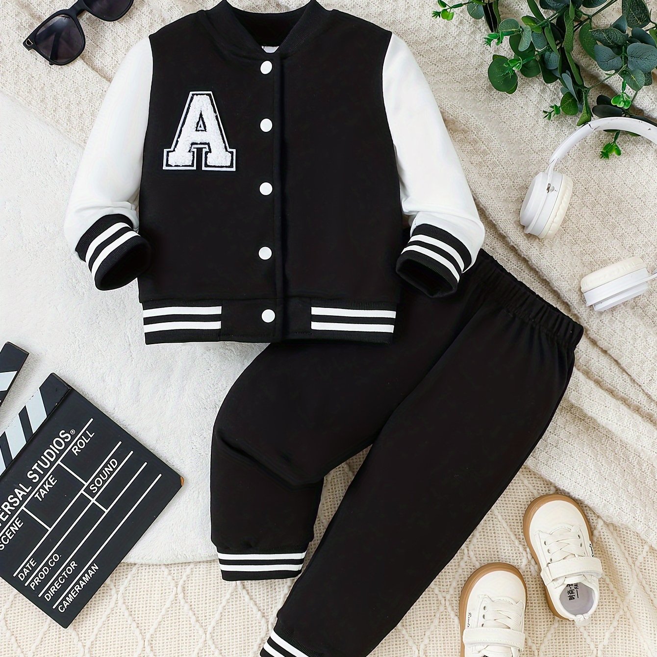 Infant Boys 2-Piece Outfit Set with Letter A Embroidered Top and Casual Pants in Polyester Knit, Regular Fit for Spring/Autumn, Black and White, Outdoor Wear