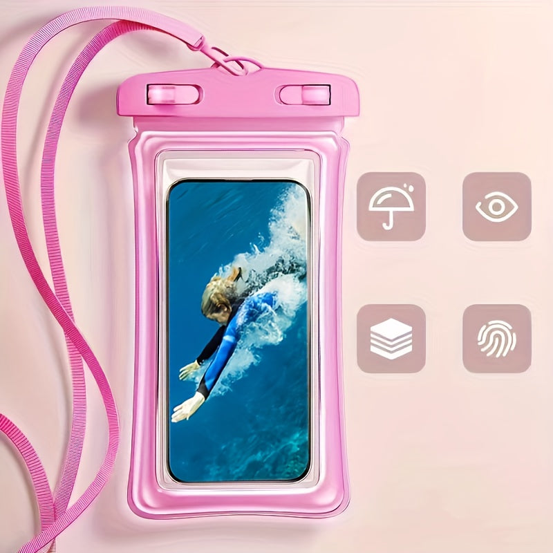 Waterproof phone pouch with 3D design and neck strap for 20.32 cm smartphones, ideal for beach, cruise, and travel.