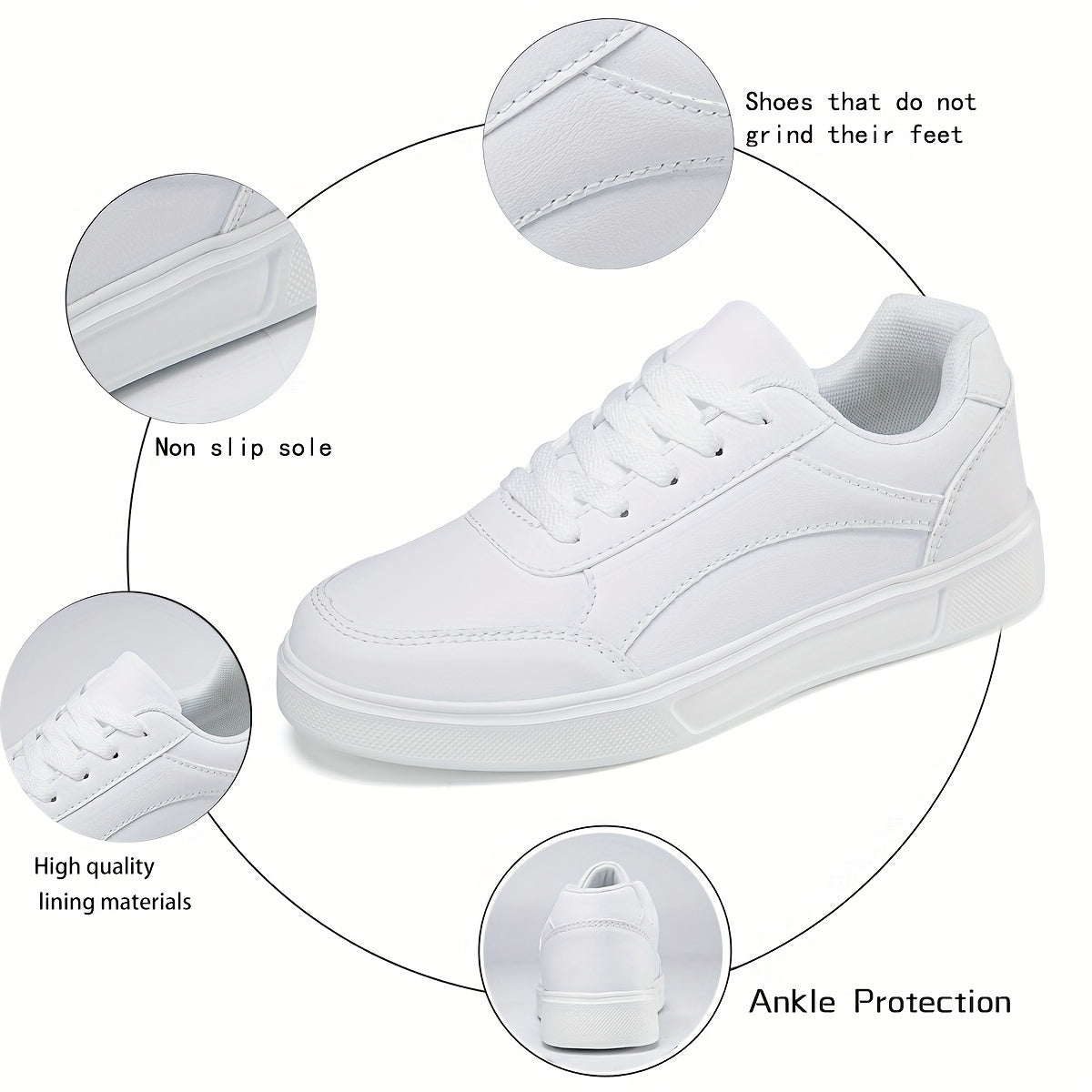 Women's Classic White Casual Sneakers - Lightweight, Comfortable, Lace-Up Skate Shoes with Round Toe and Low-Top Design