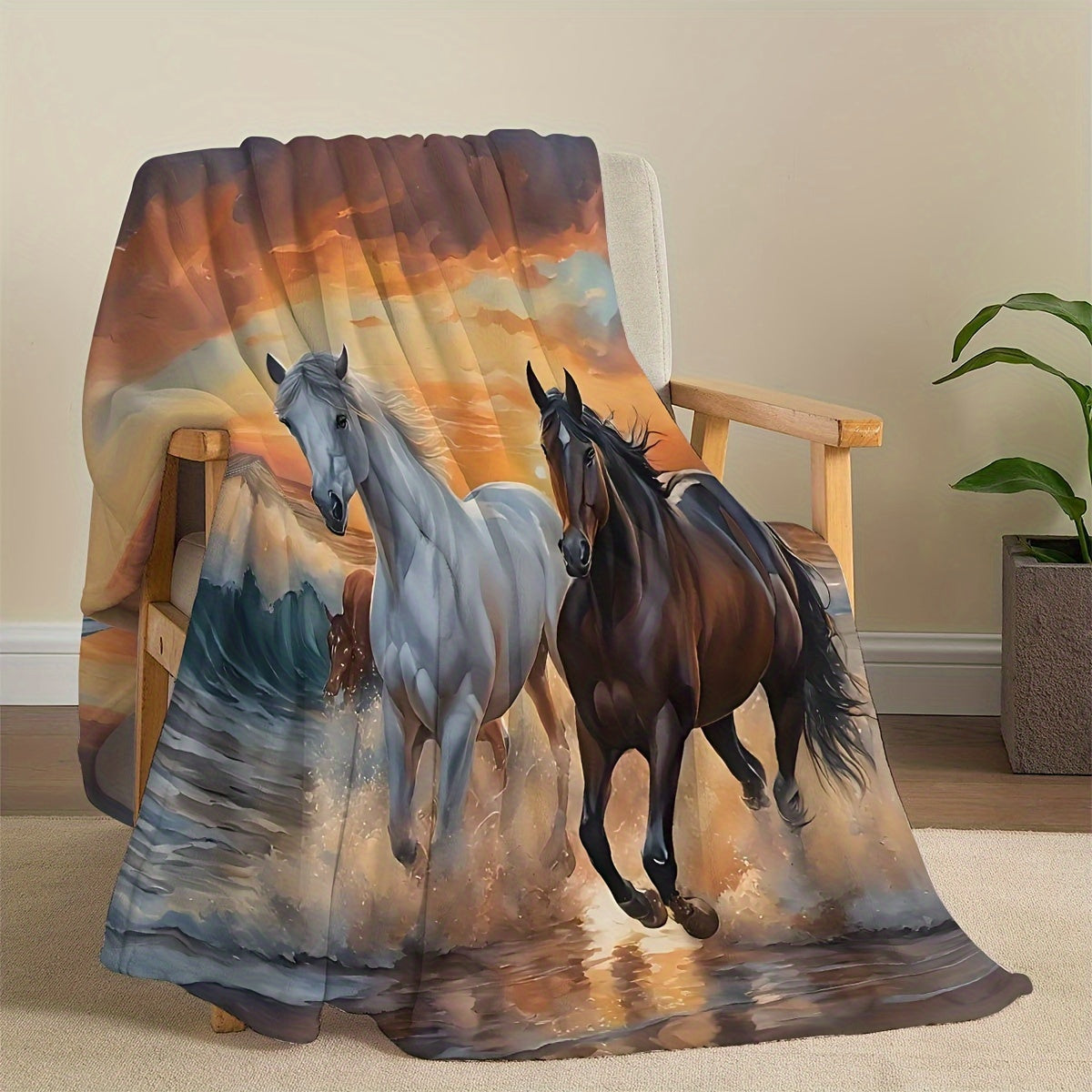 Modern digital print flannel throw blanket featuring two majestic horses - a versatile knitted polyester shawl for use on sofa, bed, office, and camping. This all-season blanket can be machine washed and used for various purposes with an animal theme.