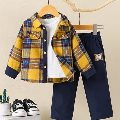 Boys' preppy style plaid outfit set with long sleeve shirt and matching pants for fall/winter.