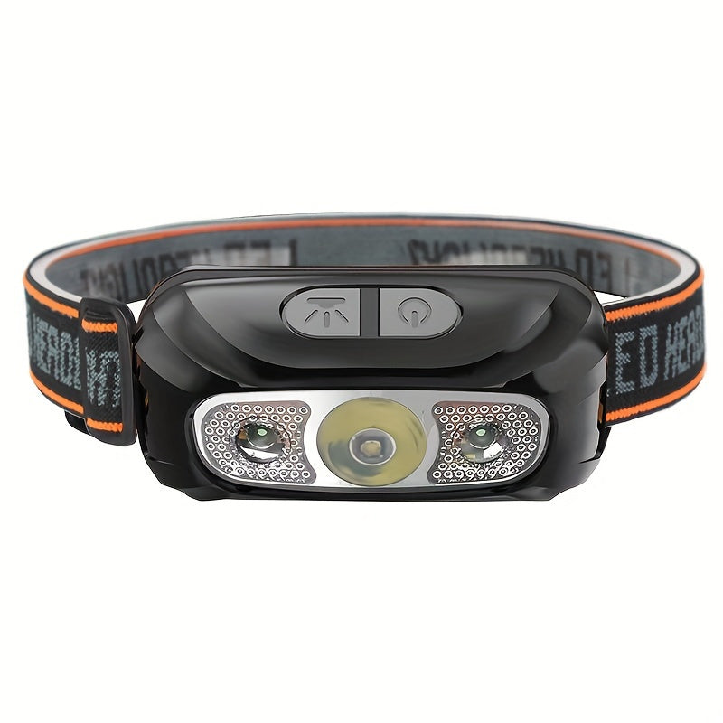 Motion sensor LED headlamp with dimmable high-intensity lights, portable, USB rechargeable for camping and emergencies.