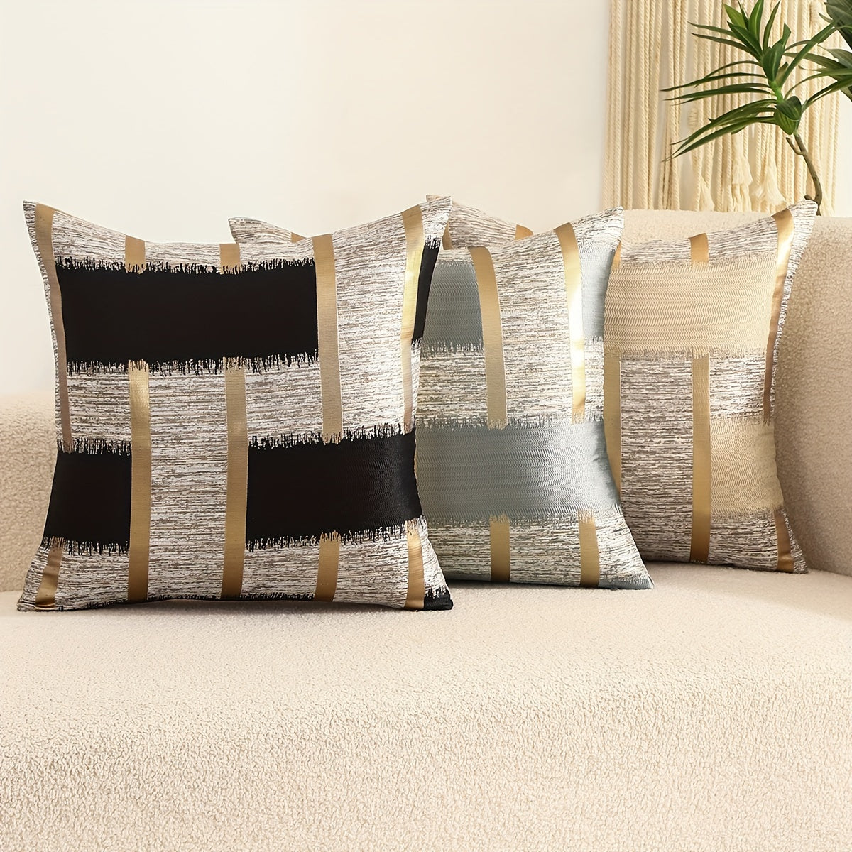 Set of 2 Elegant Geometric Pattern Throw Pillow Covers in Black, White, and Golden - Made of Luxurious Silk Jacquard with Zip Closure - Designed for Living Room Sofa Decor - Hand Wash Only - Perfect Addition to Your Couch